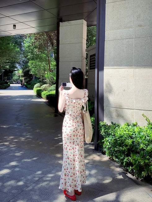 Printed Sleeveless Frills Straps Long Dresses